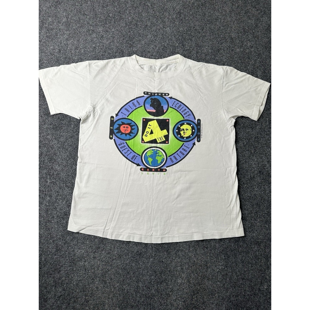 Mens 1990 Levis Earth Think Ecology Nature Graphic Tee White, Size XL